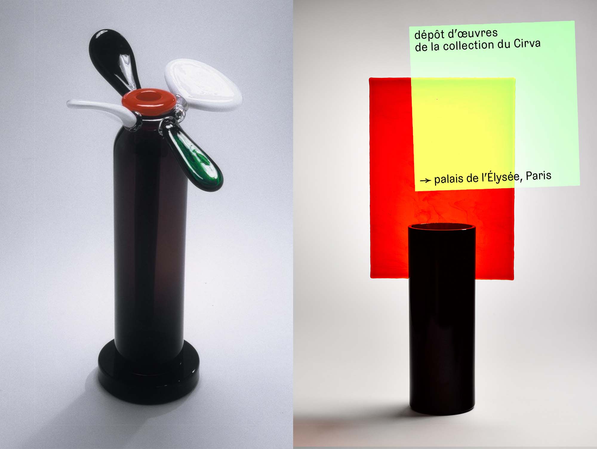 À gauche : Ettore Sottsass, *Lingam*, 1999–2000, production / réalisation Cirva, édition galerie Ernest Mourmans, Maastricht, Pays-Bas, collection Cirva, Marseille, inv. SOTT2004-20. 
Photo © Jean-Luc Maby
À droite : Pierre Charpin, *Collection Play Time : série écran*, 2005–2007, production / réalisation Cirva, édition Galerie kreo, Paris, collection Cirva, Marseille, inv. CHAR2009-9 (n°52). 
Photo © David Giancatarina
