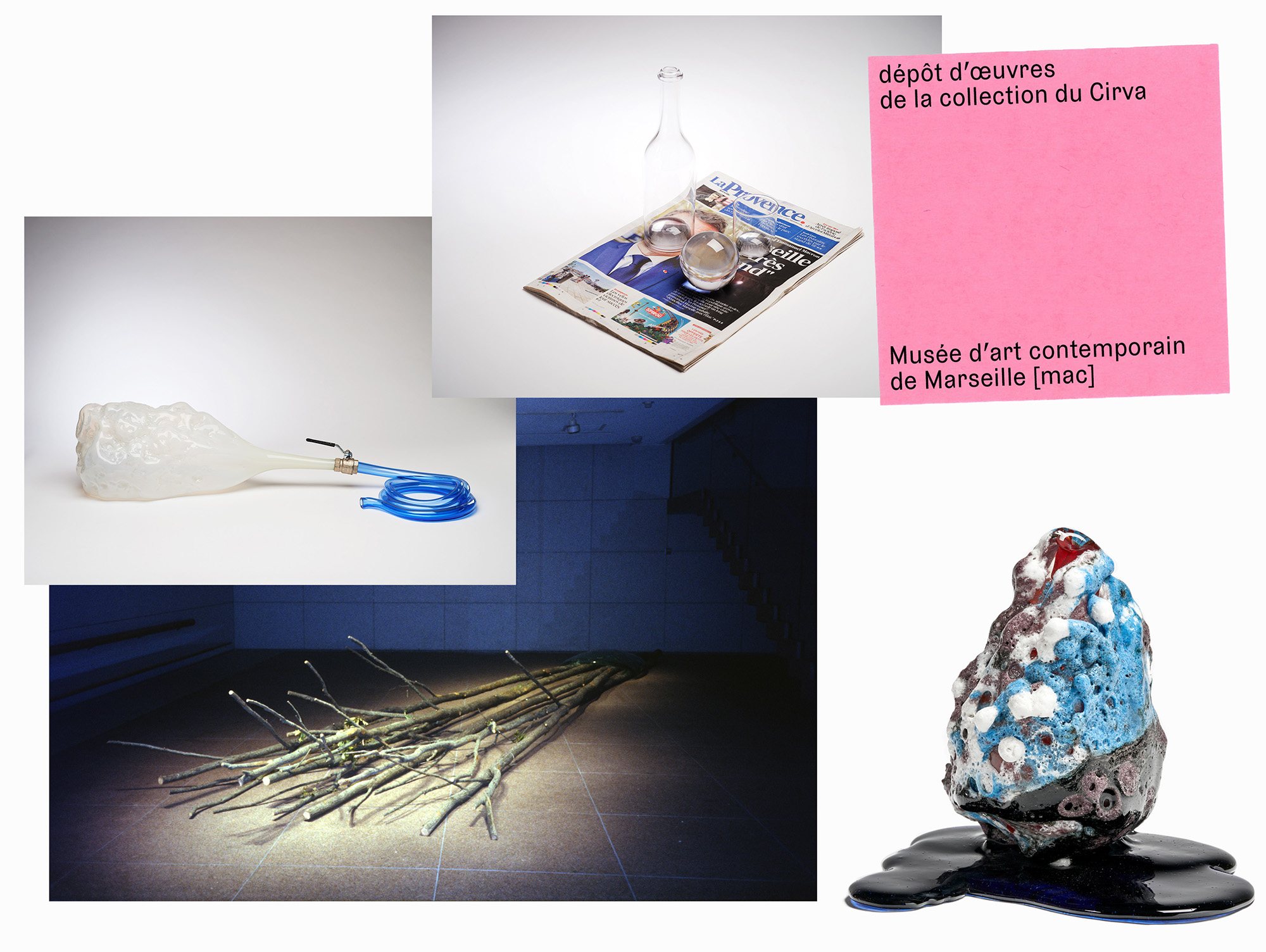 Photocollage comprenant les œuvres de la collection du Cirva : Mathieu Mercier, *Nature morte*, 2020–2021 (inv. 2022.4.3), Tamar Hirschfeld, *Puff, I’m now woke*, 2020–2022 (inv. 2023.2.3), Giuseppe Penone, *Ongle et branches*, 1993 (inv. 1993.38.1), Erik Dietman, *Nénuphar maudit II*, 1993–1997 (inv. 2004.1.6), production / réalisation Cirva, collection Cirva, Marseille.
Photos © David Giancatarina